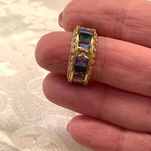 Crystal Shades of Blue Baguette Channel Set Goldtone Eternity Ring